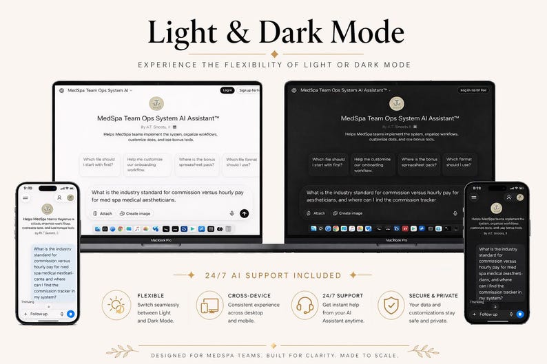 Actual MedSpa Operations System AI Assistant screenshots in light and dark mode